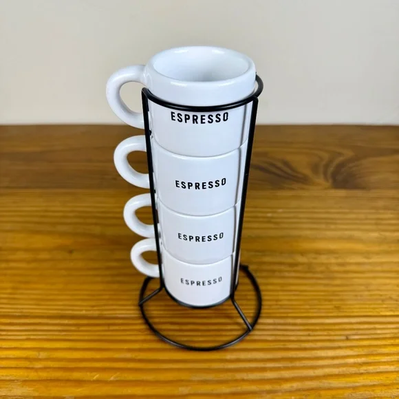 Stacking Espresso Cup Set with Stand | Modern White Ceramic Mugs - Picture 9 of 10